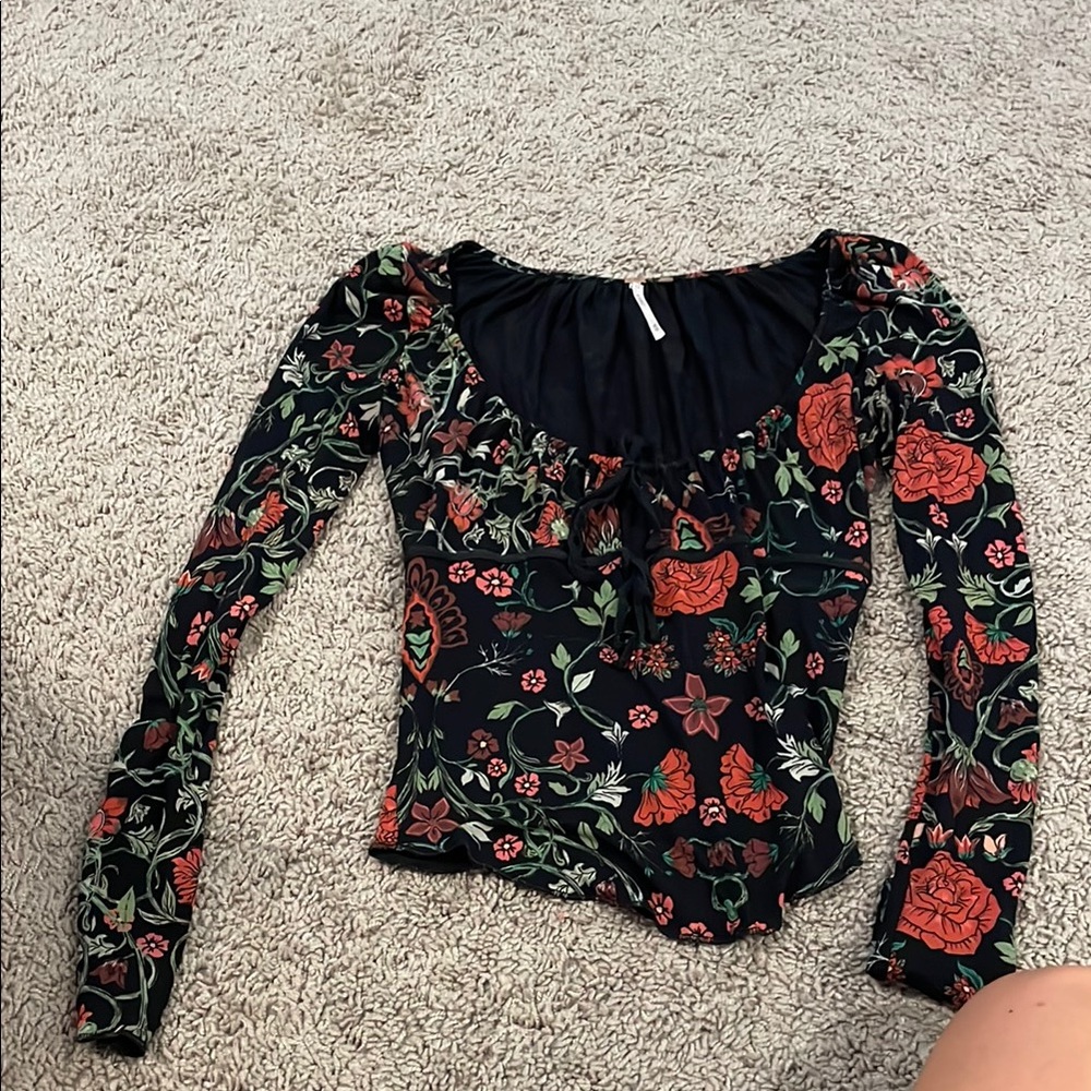 Free People make it easy top- black and red floral print